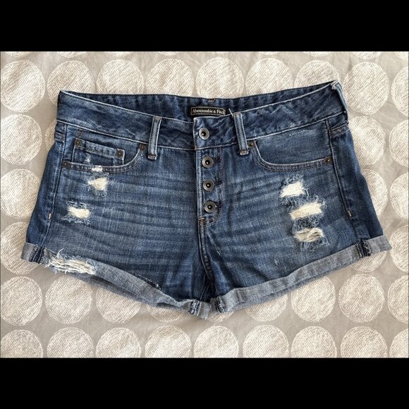 Abercrombie Fitch Cuffed Blue Denim Button Fly Jean Shorts Sz 27 - Picture 1 of 14
